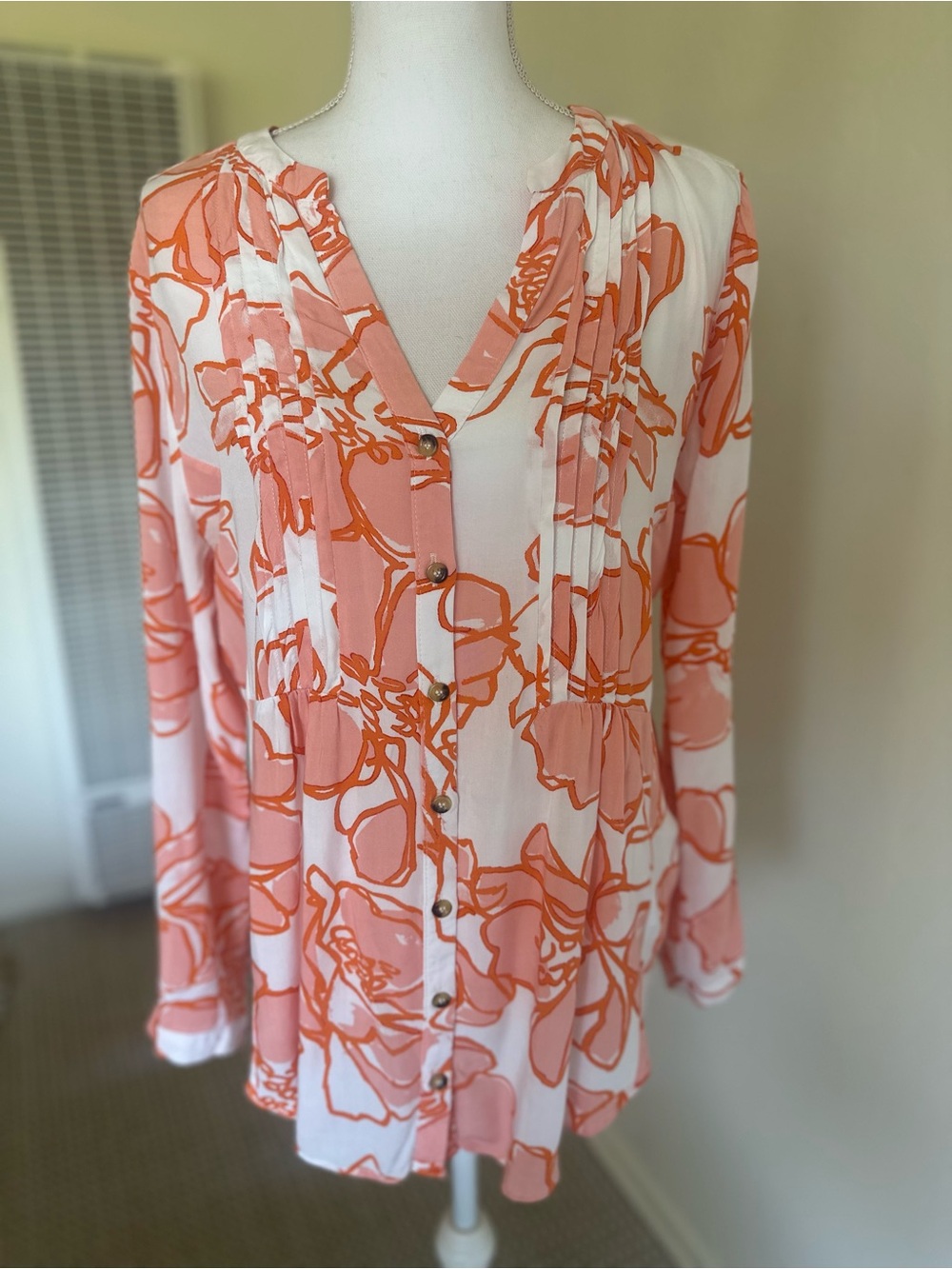 Anthropologie Floral Button-Front Blouse in Coral and White